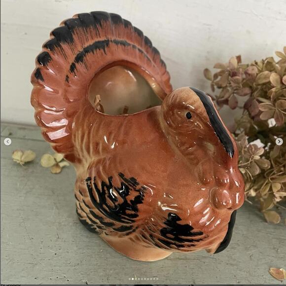 Vintage Turkey Planter Thanksgiving Dinner Table Centerpiece Ceramic Brown Black - Picture 2 of 10